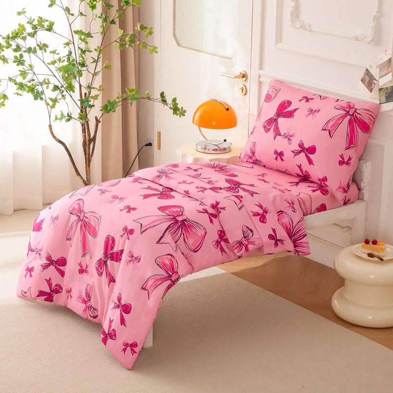 SDIII 4 Piece Pink Bow Girl Toddler Bedding Set, Cute Bowknot Princess Toddler Bedding Set with Comforter, Fitted Sheet, Flat Sheet and Pillowcase - Image 2